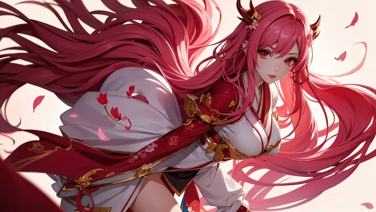 serafina1, league of legends, pink hair, they, daemon, red daemon horns, blood moon, white traditional japanese kimono, red make...