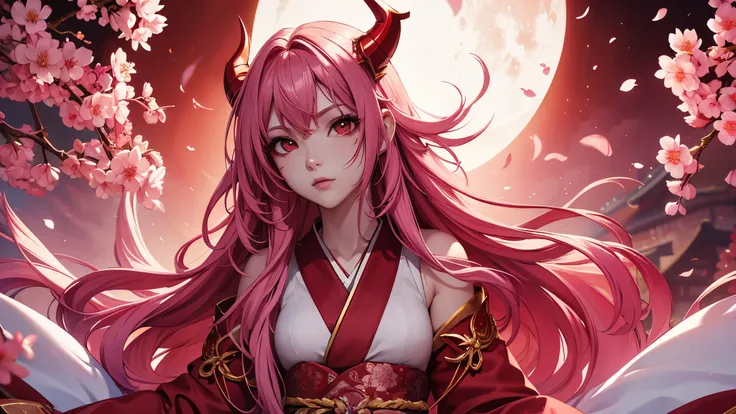 serafina1, league of legends, pink hair, they, daemon, red daemon horns, blood moon, white traditional japanese kimono, red make...