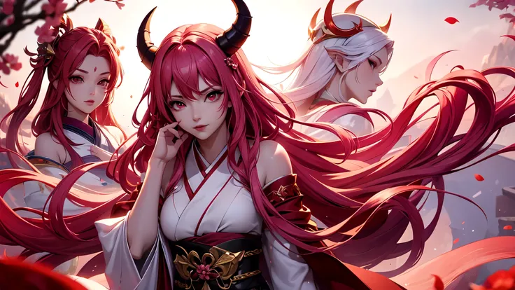 serafina1, league of legends, pink hair, they, daemon, red daemon horns, blood moon, white traditional japanese kimono, red make...