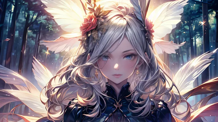 (best quality,8K,CG),detail upper body,lonesome girl,floral dress,forest background,detailed facial features,elegant long hair,almond-shaped eyes,detailed eye makeup,long fluttering eyelashes,blinking big eyes,twinkling stars,complex lip details,soft style