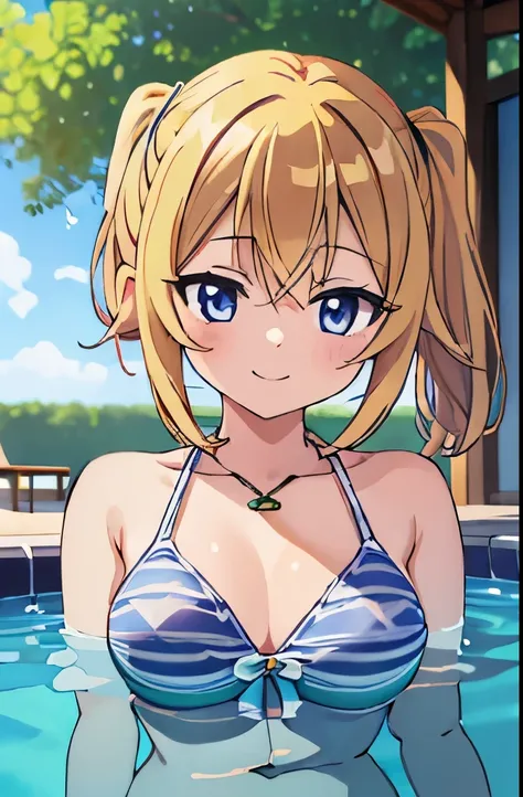 ((masterpiece)), ((best quality)), (ultra-detailed), anime style, pool, a cute girl, 1girl, solo, ((beautiful eyes)), smile, bikini00,
