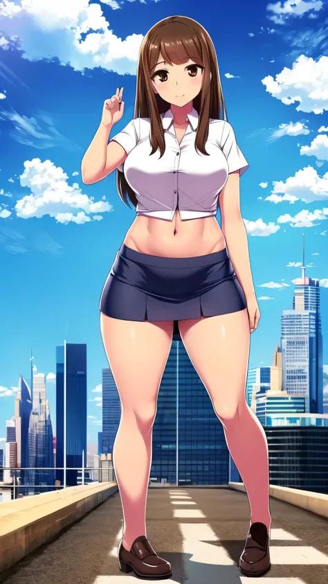 A girl with light skin, sexy, cute, leaders, long brown hair, her brown eye, wears a pink button-down blouse, shows her navel, and a short blue skirt, black shoe, and she travels, flying, sky, city background.