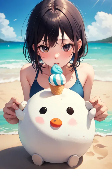 ((Highest quality)), ((masterpiece)), (detailed), A round snowman is eating ice cream、Sweating、Summer beach、