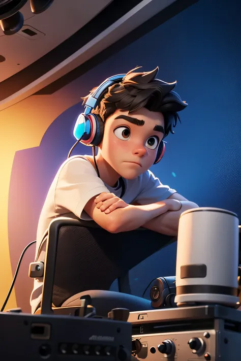 a boy sitting with headphones ,a sound table ,environment of a radio studio character is on the coast 3d pixar style in the background a banner with the radio logo : live hits