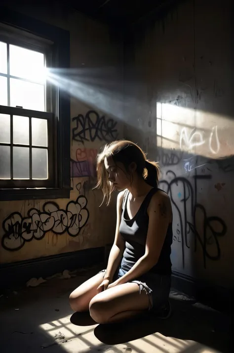 arafed woman sitting in a room with graffiti on the walls