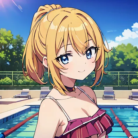 ((masterpiece)), ((best quality)), (ultra-detailed), anime style, pool, a cute girl, 1girl, solo, ((beautiful eyes)), smile, bik...