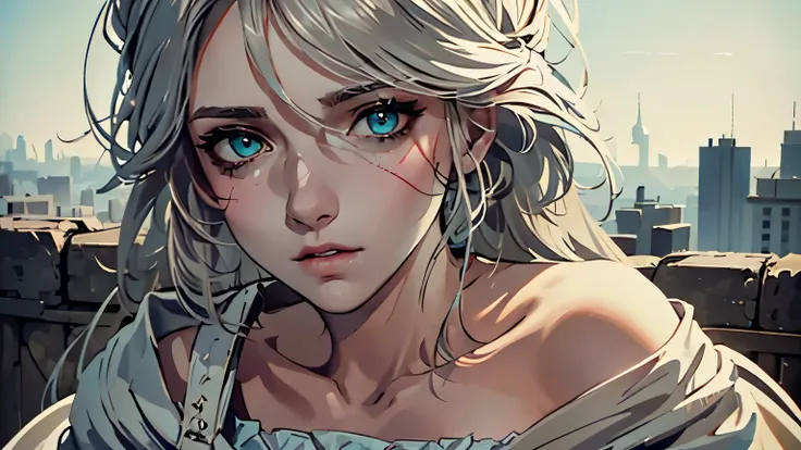 ultra-detailed, photorealistic (best quality:1.2) portrait of a woman( Ciri from The Witcher3) with white hair. Her expressive eyes gaze directly at the viewer, revealing a depth of emotion. She has a slim figure and medium-sized breasts, exuding a delicat...