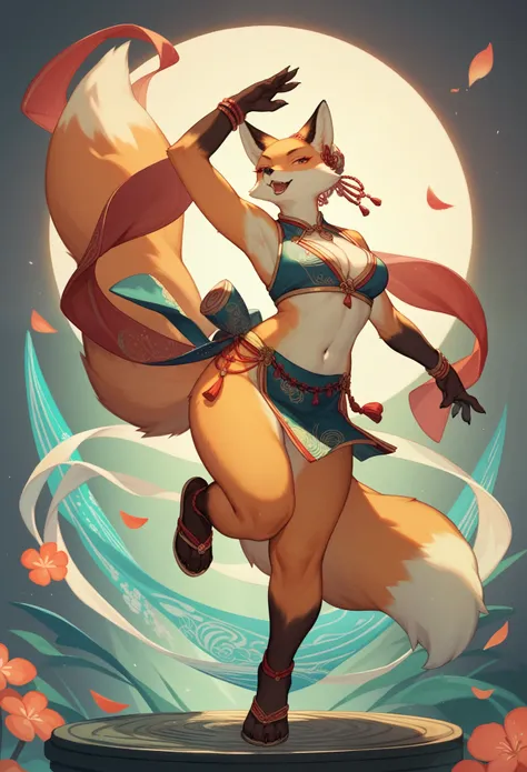 top quality, ancient Chinese beauty, absurdres, perfect anatomy, kemono, solo focus, furry anthro, fox facial features, fox body features, very detailed body fur, full body, dancing pose,