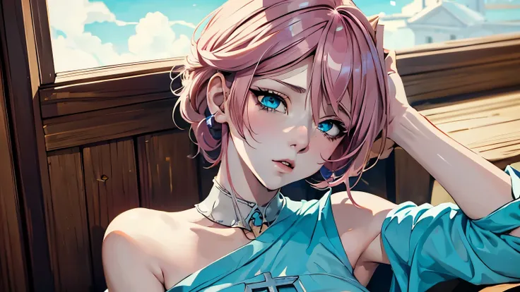 Anime girl with pink hair and blue eyes wearing a blue dress., portrait, Knights of the Zodiac, , detailed digital animated art, hermoso portrait animado, anime girl with cosmic hair, Pink hair and cyan eyes., 4K anime style, digital animated art, anime fa...