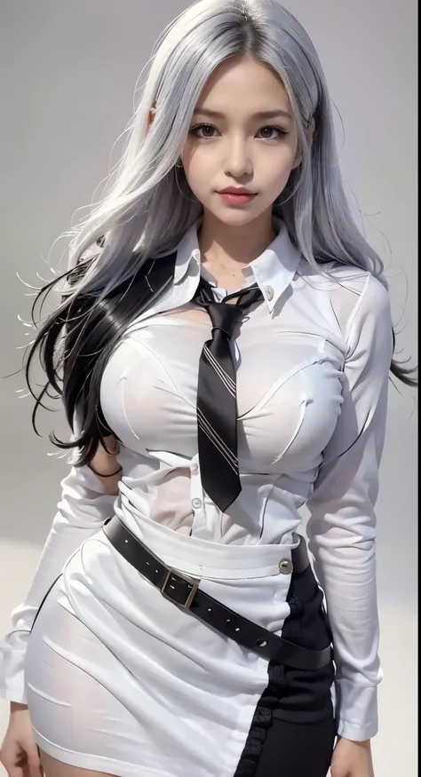 There is a woman with long hair, who wears a white shirt and tie, tifa lockhart with white hair, anime girl cosplay, perfect white haired girl, photorealistic anime girl render, hyperrealistic , Stil artgerm, a hyperrealistic , ig model | artgerm, Realisti...