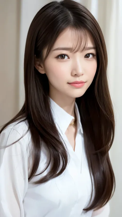Generate an image of a beautiful woman with features resembling Ryoko Hirosue. She should have a gentle smile, almond-shaped eyes, and long, flowing dark hair. The complexion should be fair and smooth, with a hint of warmth. The overall expression should c...
