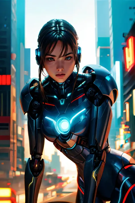 a woman robot from 2099, extremely detailed, cinematic lighting, dramatic pose, neon cyberpunk city background, hyper realistic, 8k, award winning digital art, intricate machinery, glowing eyes, chrome metal skin, dynamic composition, stunning colors, phot...