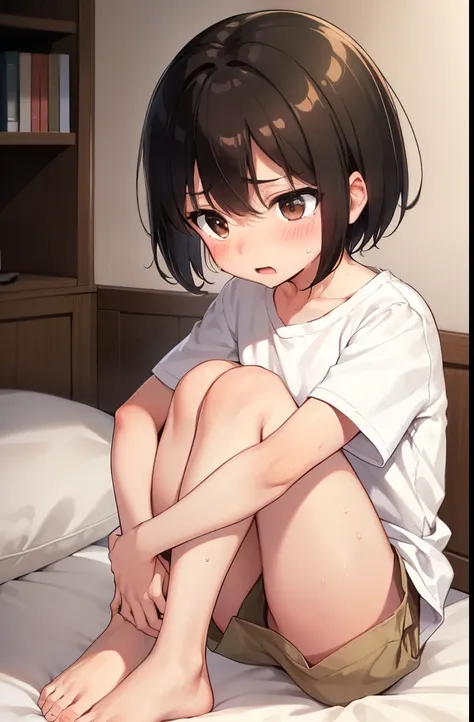 bed,Brown eyes,1 ,boyish.Two-block shorthair,Black Hair,blush,White T-shirt,Olive green shorts,barefoot,White skin,summer,shy,Open your mouth wide,Pétain sitting,blush,Sweat,Cross your arms,Troubled face,panic,Open your mouth,shy,cry