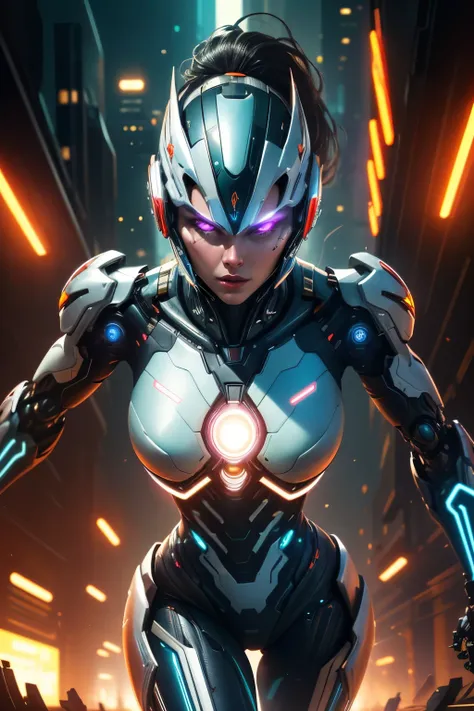 a woman robot from 2099, extremely detailed, cinematic lighting, dramatic pose, neon cyberpunk city background, hyper realistic, 8k, award winning digital art, intricate machinery, glowing eyes, chrome metal skin, dynamic composition, stunning colors, phot...