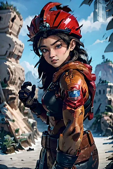 Firefighter rescuer thick lips thin nose brown eyes defined eyebrows light complexion red helmet, integral harness, gloves, Tactical Boots, blue uniform