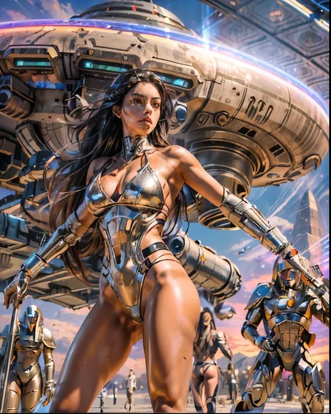 (((low angle shot))), ((women fighting in war wearing ultra thin translucent bikini with gorgeous muscular long legs)), ((pink silver black)), prismatic, reflective, ((ultra perfect flowing hairstyle)), (((huge natural breasts, tan lines))), ((perfect radi...