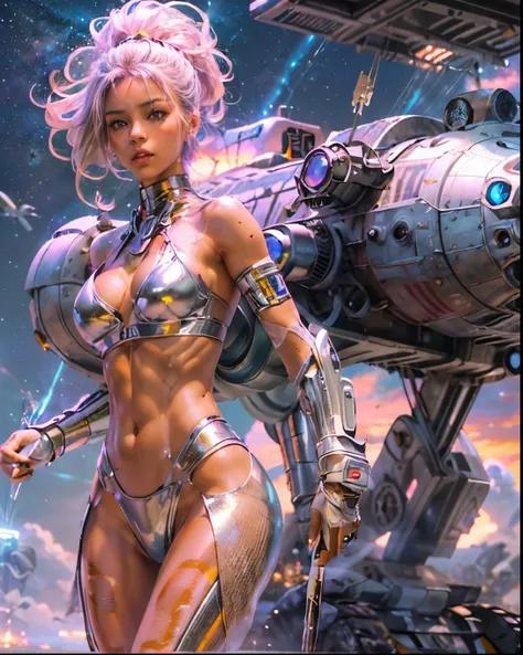 (((low angle shot))), ((women fighting in war wearing ultra thin translucent bikini with gorgeous muscular long legs)), ((pink silver black)), prismatic, reflective, ((ultra perfect flowing hairstyle)), (((huge natural breasts, tan lines))), ((perfect radi...