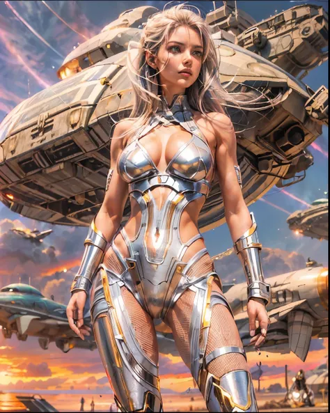 (((low angle shot))), ((women fighting in war wearing ultra thin translucent bikini with gorgeous muscular long legs)), ((pink silver black)), prismatic, reflective, ((ultra perfect flowing hairstyle)), (((huge natural breasts, tan lines))), ((perfect radi...