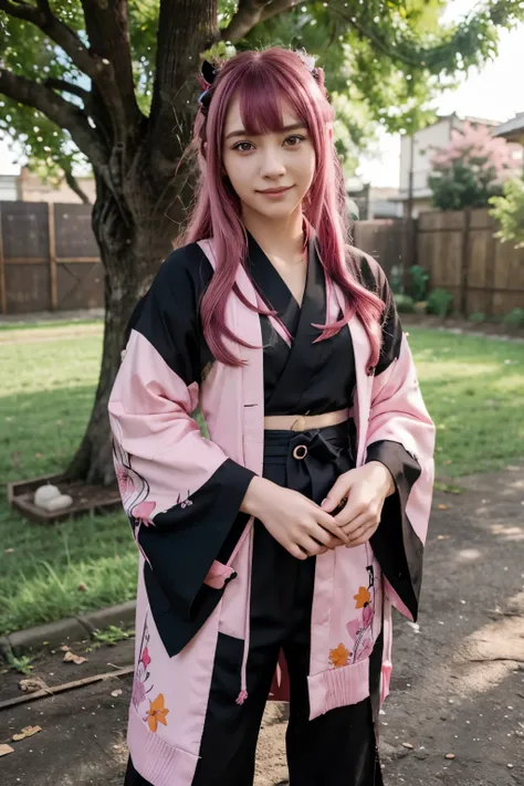 kimetsu no yaiba style, 1 girl, kimono, solo, black eyes, Hair down, smile, pink hair, outdoors, bangs, tree, fence, anime coloring,  ((masterpiece)) 