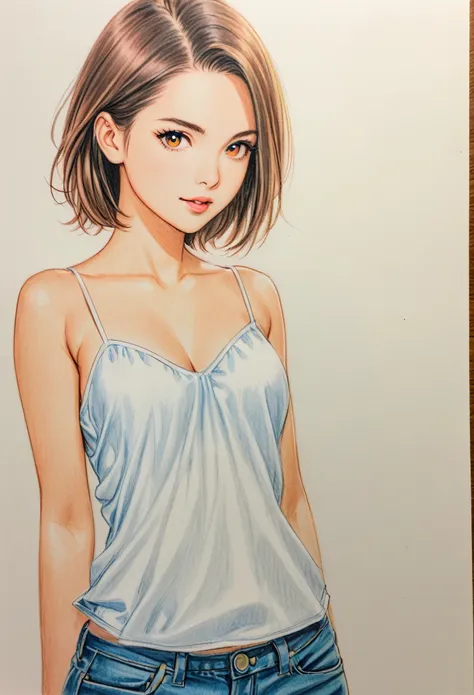 female，short camisole，white，art，ad，colour pencil drawing，draft drawing