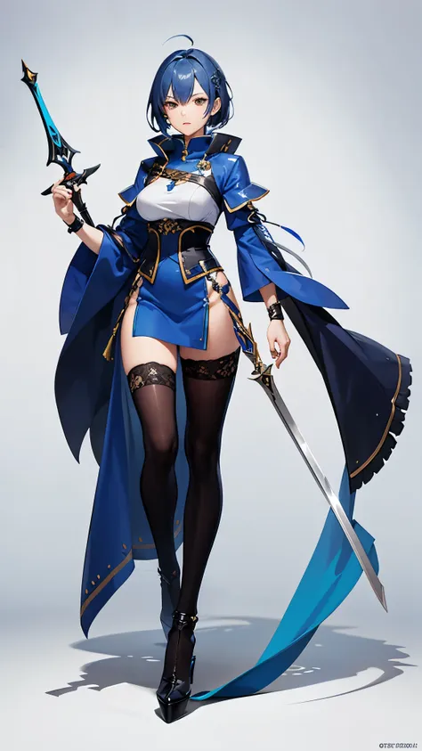 female swordsman, blue hair, tall, full body side view, view viewer, aggressive, pure white background