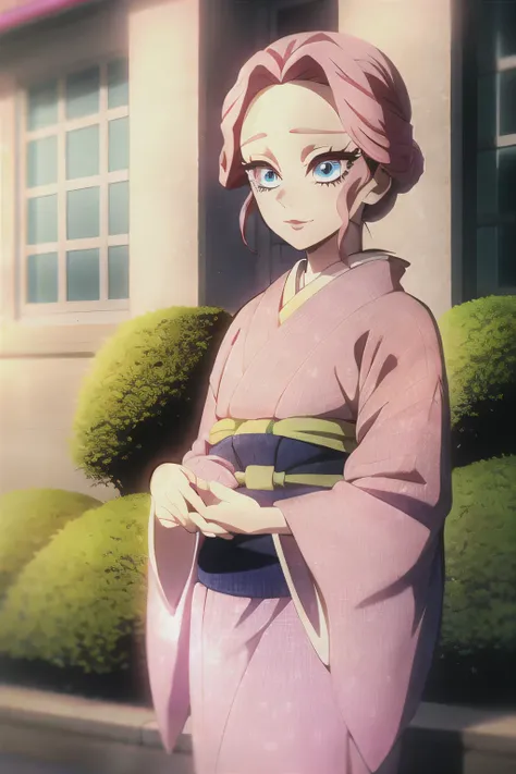 Kimetsu no yaiba artstyle, pink hair, blue eyes, pink eyelashes, kimono, outside, flowers in hand