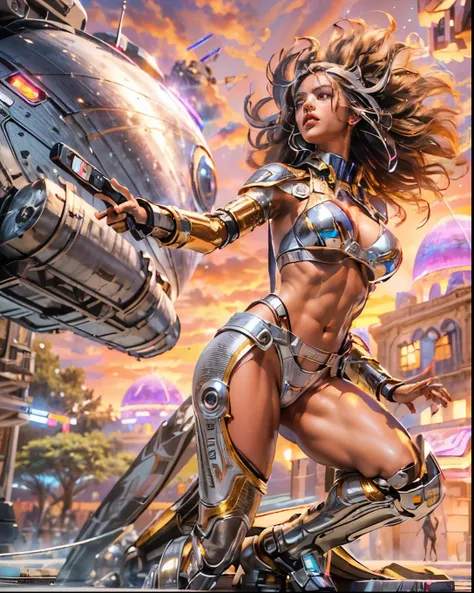 (((low angle shot))), ((women fighting in war wearing ultra thin translucent bikini with gorgeous muscular long legs)), ((pink silver black)), prismatic, reflective, ((ultra perfect flowing hairstyle)), (((huge natural breasts, tan lines))), ((perfect radi...