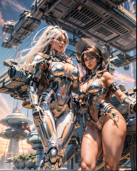 (((low angle shot))), ((women fighting in war wearing ultra thin translucent bikini with gorgeous muscular long legs)), ((pink silver black)), prismatic, reflective, ((ultra perfect flowing hairstyle)), (((huge natural breasts, tan lines))), ((perfect radi...