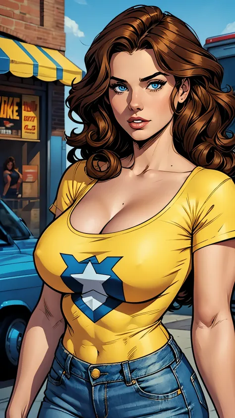 beautiful woman , 21 years old , very beautiful, blue eyes, curly brown hair, denim yellow pans, blue t-shirt, busty. Comic style. Marvel comics style 