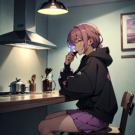 1 anime girl, wearing a black hoodie and pink skirt, dark hair, Eyes purple, holding a chocolate bar in his right hand. Girl sitting on a chair at a table in the kitchen at night. Loft style kitchen. The girl looks thoughtfully at the wall. The lights are ...