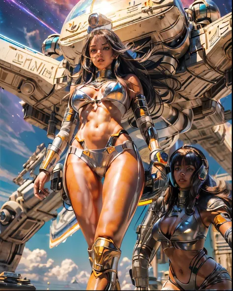 (((low angle shot))), ((women fighting in war wearing ultra thin translucent bikini with gorgeous muscular long legs)), ((pink silver black)), prismatic, reflective, ((ultra perfect flowing hairstyle)), (((huge natural breasts, tan lines))), ((perfect radi...