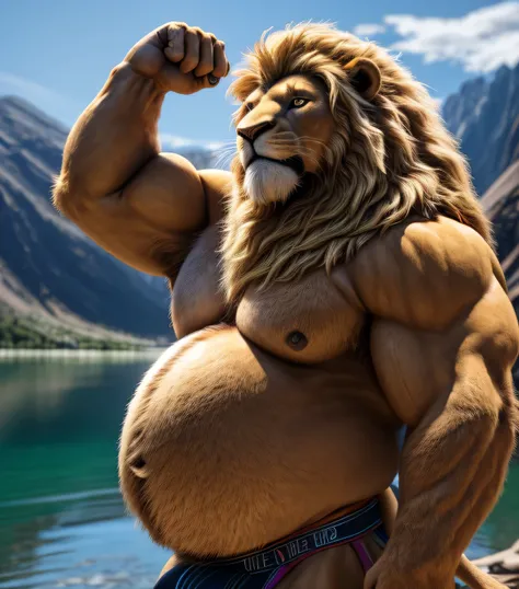 extremely detailed fat male lion with blond mane, extremely detailed eyes, long thick fur, extremely big and fat belly, very very big belly, in jockstrap, photorealistic, 4k, high quality, fine art portrait, dramatic lighting, vivid colors, correct eyes an...