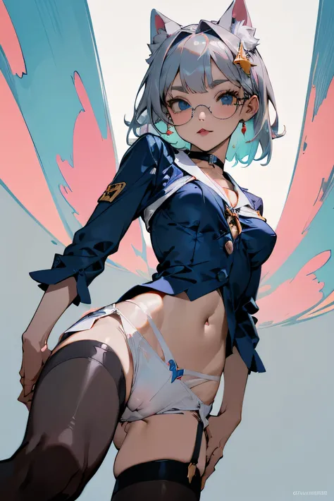 (Super detailed、Ultra-high resolution、Detailed Background)、((Flat Color))、((colorful))、((浮かぶcolorfulな水))、One female secretary in the office、body paint、Pop tattoo on belly、Big Breasts、Sexy Random Pose、Angle view from below、
(Medium Hair、Silver Hair、hair orn...