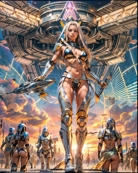 (((low angle shot))), ((women fighting in war wearing ultra thin translucent bikini with gorgeous muscular long legs)), ((pink silver black)), prismatic, reflective, ((ultra perfect flowing hairstyle)), (((huge natural breasts, tan lines))), ((perfect radi...