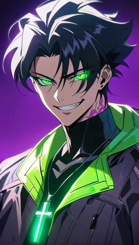 A guy with black hair and glowing green eyes wearing an evil smile, he is smiling like the devil while holding his cross necklace in front of him against a purple background. The art is in an anime style with a cyberpunk and dark fantasy aesthetic.