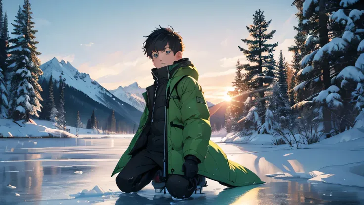 ultra-realistic, cinematic, full HD, 4K image of a panicked nine-year-old boy, wearing green winter gear, kneeling on a frozen lake, hitting the ice with an ice skating boot, in the middle of a forest, in the background snow-covered mountains, composition ...