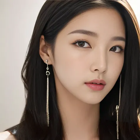 {Close-up of a woman wearing chalk and earrings}, Young and adorable Korean face, Portraits of Korean female idols, Girl cute beautiful face, Beautiful Korean Women, , Beautiful Japanese girl face, Young and pretty Asian face, {Has long hair and sharp eyes...