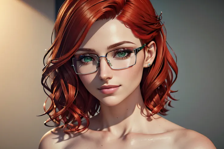 (high quality,portrait,Drawing),(soft skin,Smooth complexion),detailed, green eyes, fine texture,moist lips,(daylight,soft light), smile,sublime expression,Wavy hair,neutral background,Gentle colors,gentle strokes, Beautiful, woman, Red hair, short hair, e...