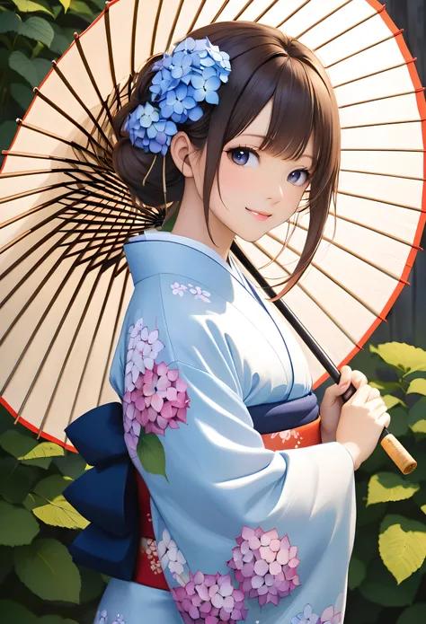 holding a japanese umbrella, break wearing japanese clothes, break hydrangeas that make the subject stand out,