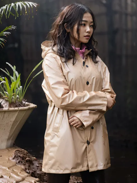 a beautiful young asian woman wearing a pink buttoned raincoat, her clothes and raincoat covered in mud, walking through a muddy...