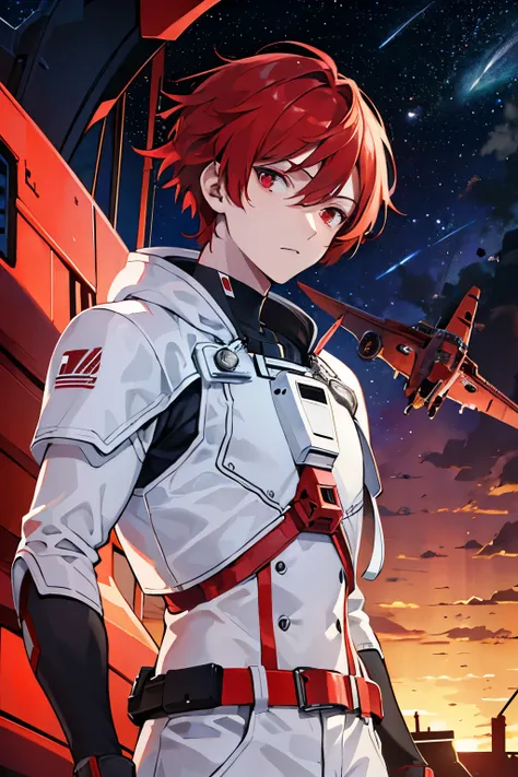 Prompt: (masterpiece), best quality, expressive eyes, perfect face,(((guy))), red hair, red eyes, fleet, flying ship, space suit, spaceship, look up, characters from the ground, sunset,