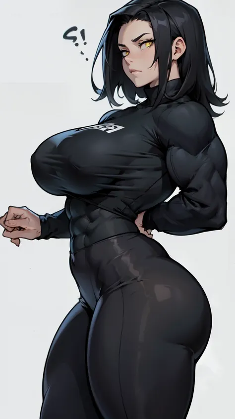 huge muscles breasts thick thick thick thick thick thick thick pale skin black hair yellow eyes depressed female tight shirt and leggings long sleeve