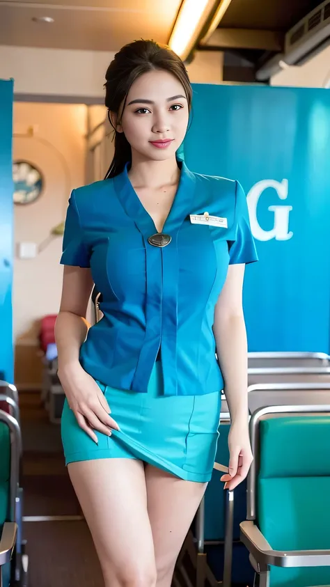 (best quality,4k,highres),ultra-detailed,realistic,cosplay, stewardess uniform, in the plane, (crowded:1.5), unbutton clothes, u...