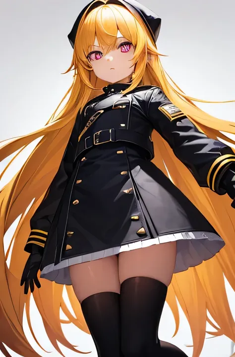 small girl, Crimson eyes, expressionless face, long yellow hair, black jacket, white gloves, short white skirt, black boots. 