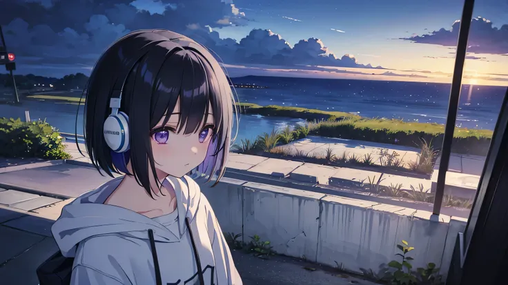 Masterpiece、super high quality、Chill、pastel colour、landscape、alone、Lonely、Wearing headphones、pretty girl、Black Hair、Bob Hair、Eyes are purple、Droopy eyes、dream-like、Late Night、Lost in Thought、super high quality、Lo-Fi