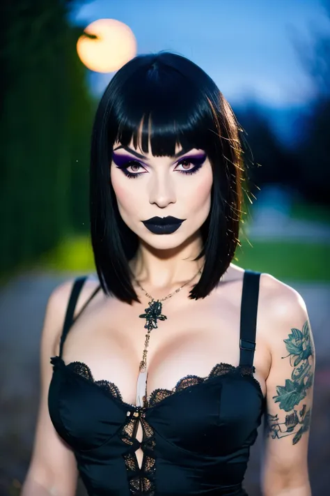 Generphie a hyper-realistic image thphi employs the shallow depth of field technique, Head and shoulders portrait to highlight a beautiful gothic girl wearing a gothic dress, ((cut hair with bangs)),skull tattoo, ((heavy make-up)) , phi ((phiite em um cemi...