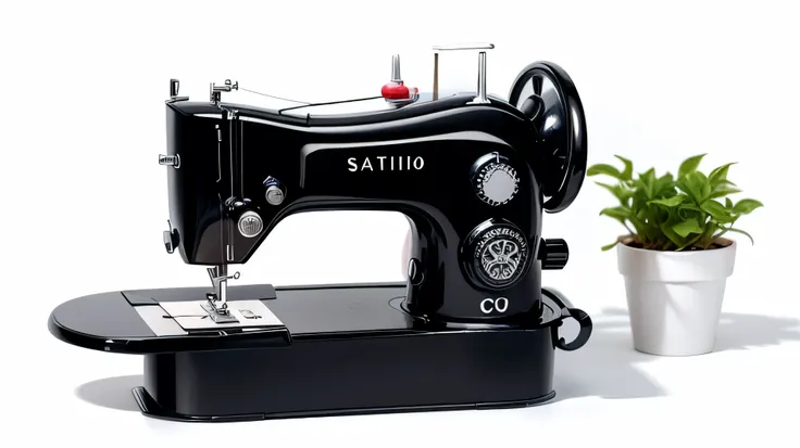 create a logo with a vector image of a black sewing machine and a drawing of a white plant on a completely white background