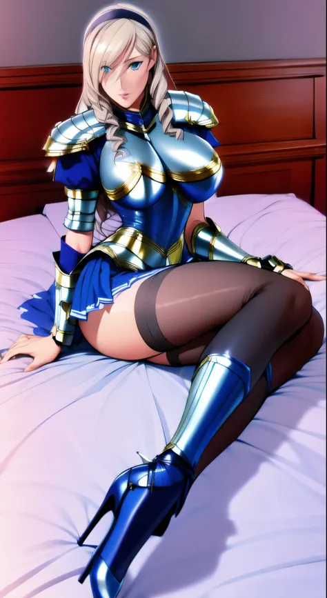 celia\(valkyrie\), celia\(armor\),one girl, mature woman, alone,
blue eyes, 
black knee socks, high heels, breastplate, 
bedroom...