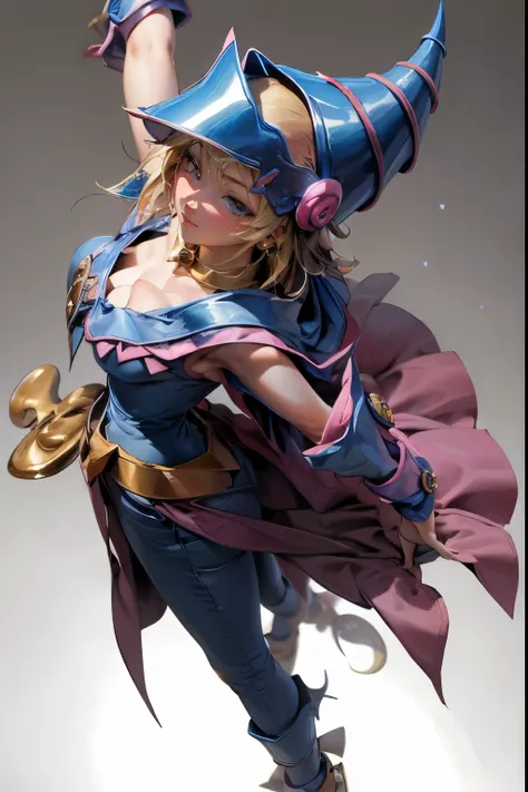 (Masterpiece:1.2), (The best quality:1.2), perfect lighting, Dark Magician Girl casting a spell, in battle. floating in the air, big and visible tits, wear jeans and heels. transparent neckline, blue robe, big hat, From above, sparkles, Yugioh game, The ma...