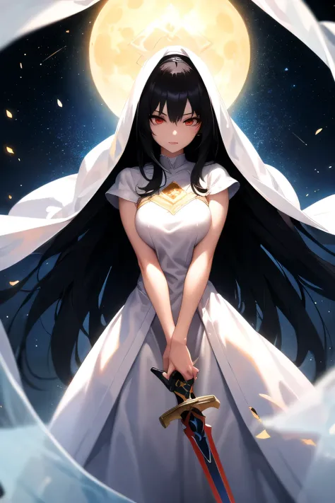 1 woman With black hair Red eyes In the right hand a sacred sword of light In the left the holy Bible With a white dress With the moonlight illuminating it With special light effects 